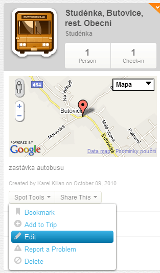 Vámi vytvořené body můžete editovat na webu Gowally