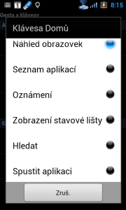 Nabídka funkcí, jež lze přiřadit klávesám Domů, Menu, nebo gestům