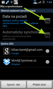 Data na pozadí a Automaticky synchronizovat