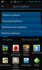 Správce aplikací má čtyři sekce