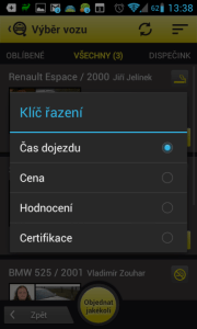 Seznam dostupných vozů lze řadit