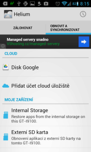 Helium - App Sync and Backup: možnosti uložení zálohy