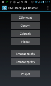 SMS Backup & Restore: úvodní obrazovka