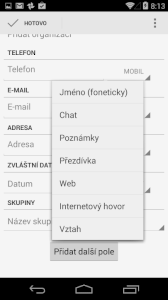 Přidávání nového kontaktu - další položky
