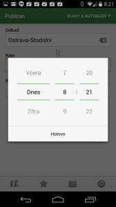 aplikace Pubtran: nastavení data cesty
