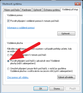 Aktivujte možnost Povolit připojení počítačů s jakoukoli verzí Vzdálené plochy (nižší zabezpečení)