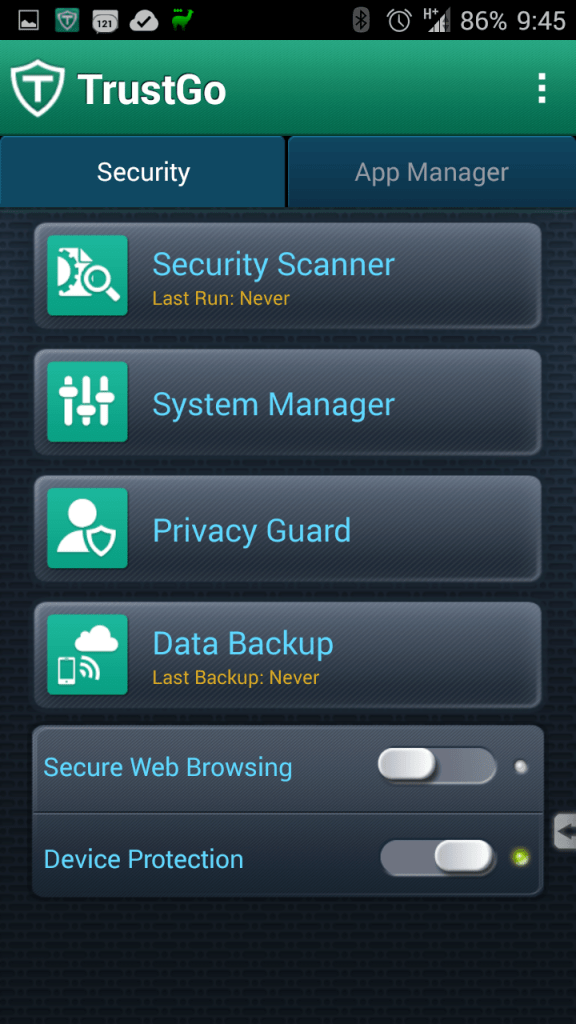 Prostředí aplikace TrustGo Antivirus & Mobile Security