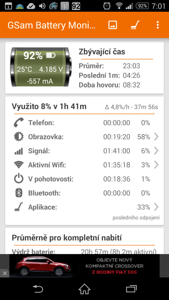 Prostředí aplikace GSam Battery Monitor