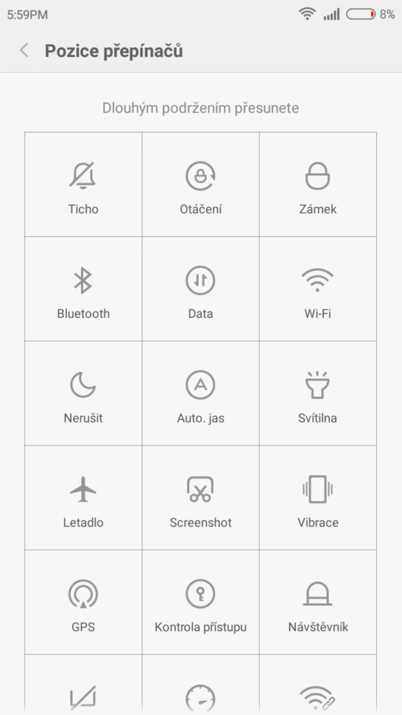 Xiaomi Redmi 2 notifikační lišta ovládácí prvky