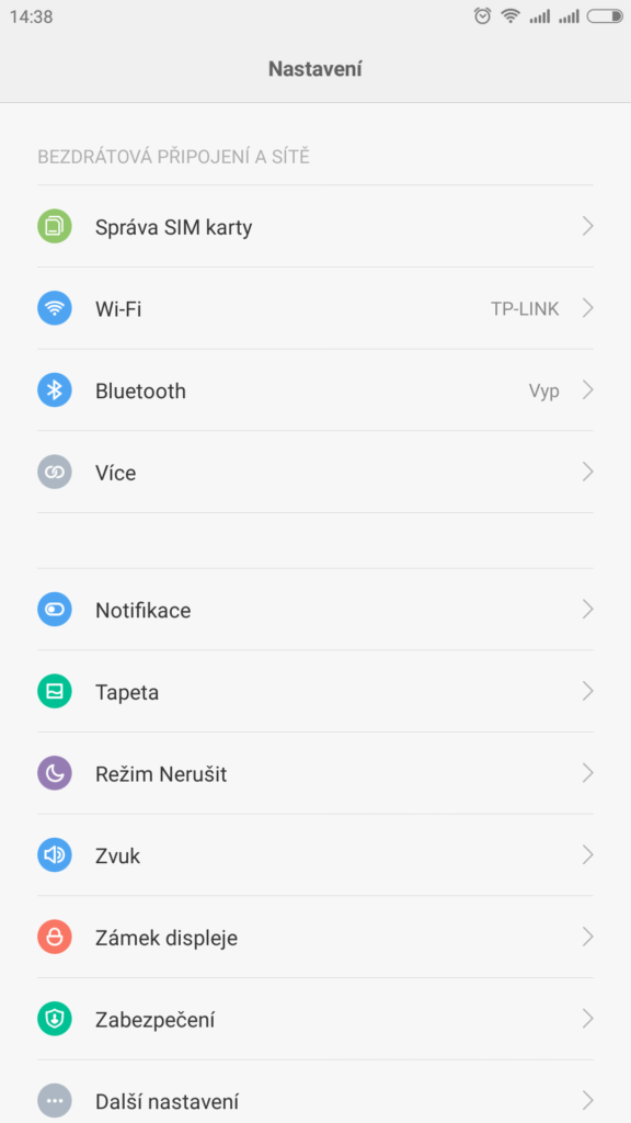 Xiaomi MI Note prostředí systému Android 4.4.4 nastavení