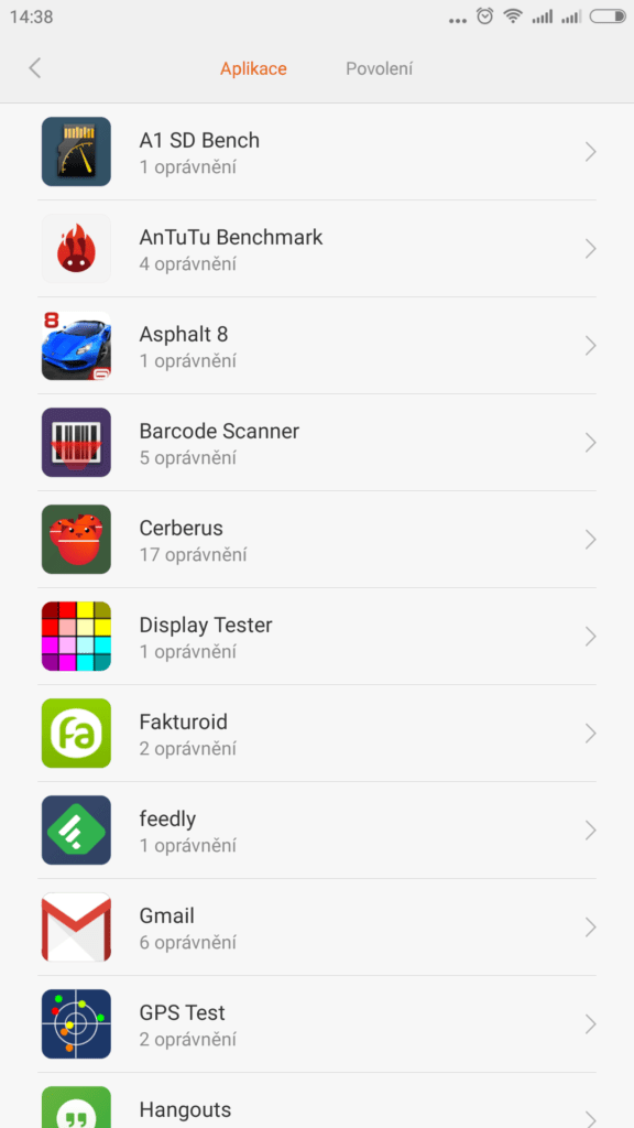Xiaomi MI Note prostředí systému Android 4.4.4 povolení 2