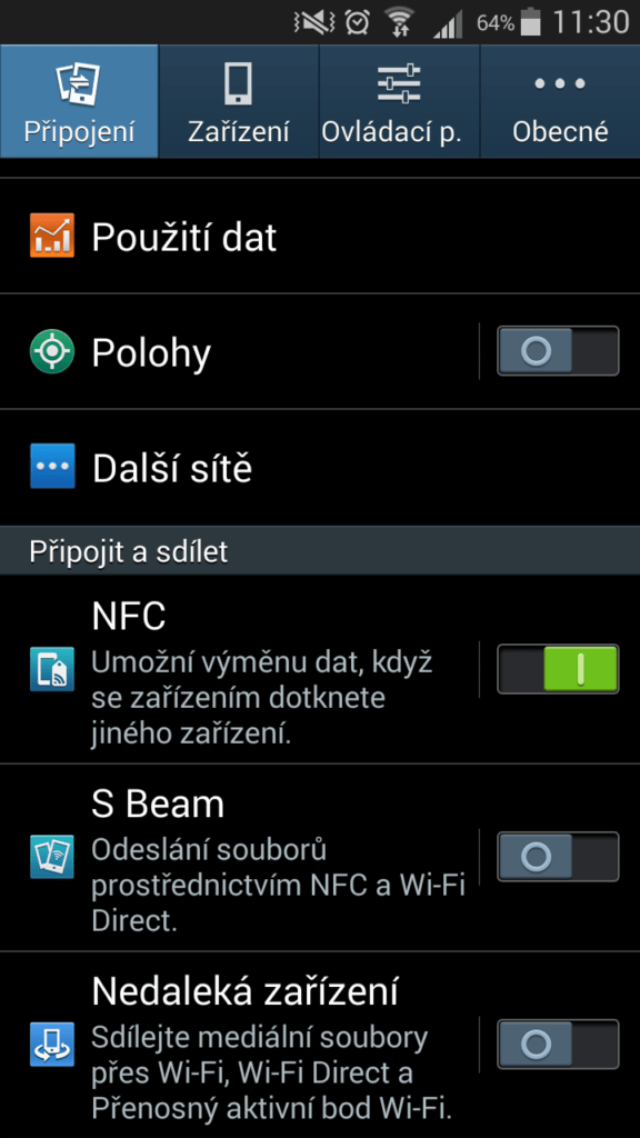 samsung galaxy s3 neo nastavení NFC S Beam