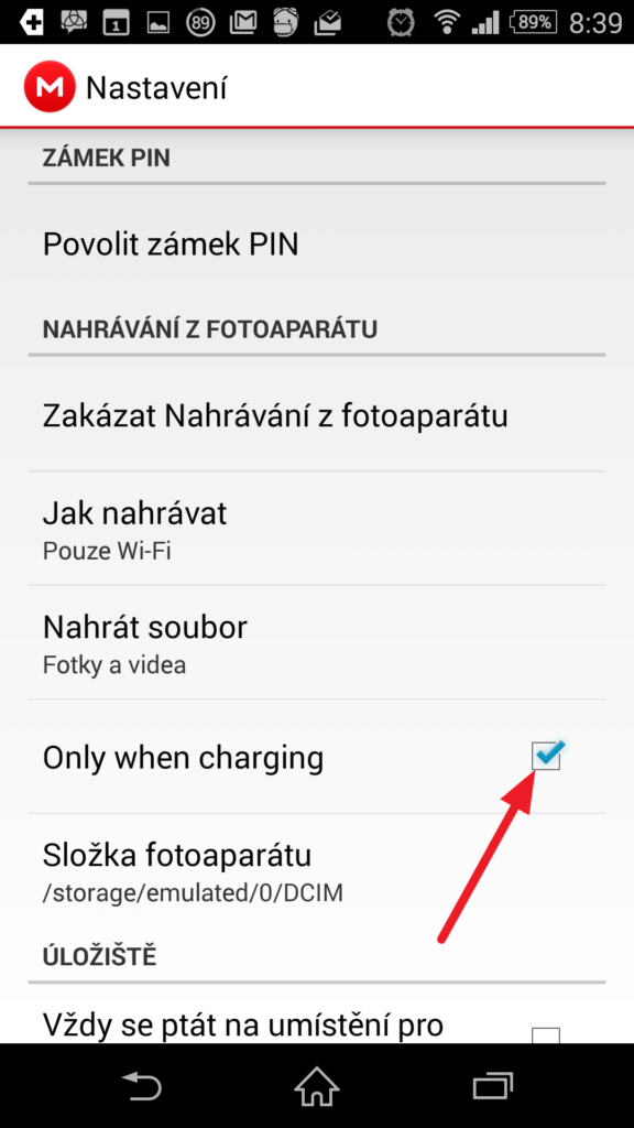 Nahrávání jen při připojení k nabíječce