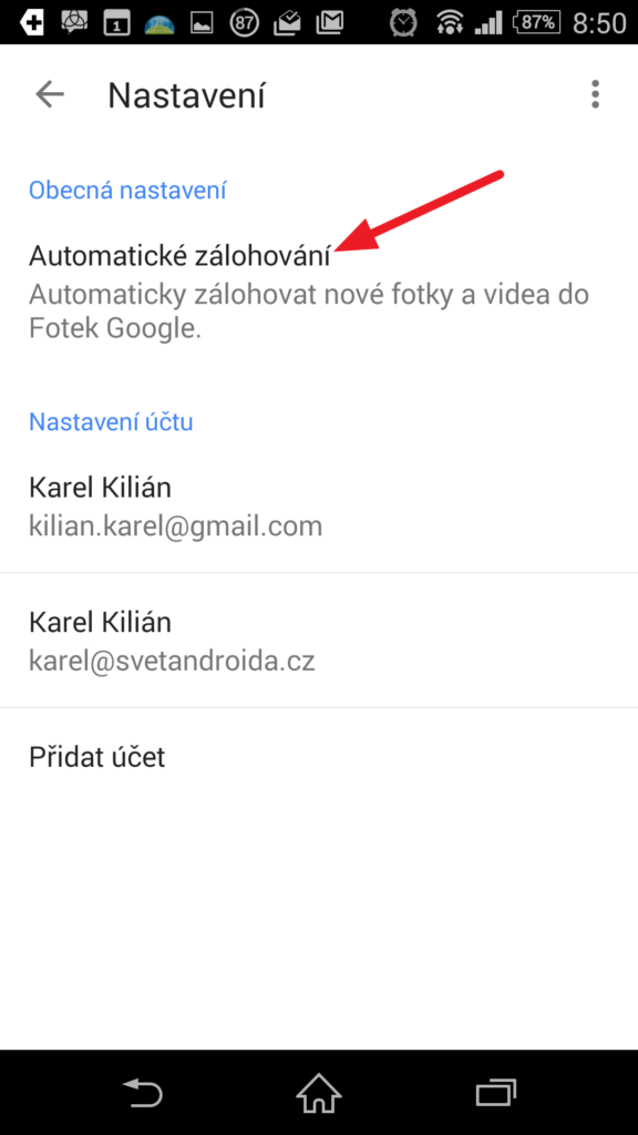 Sekce Automatické zálohování