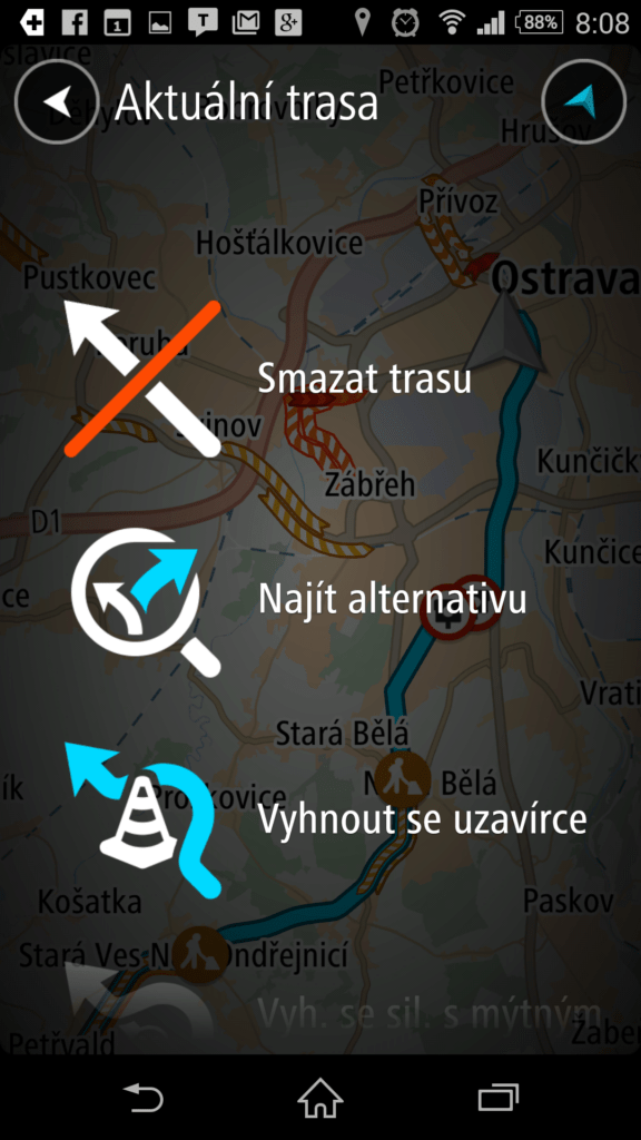 Možnosti trasy během navigace