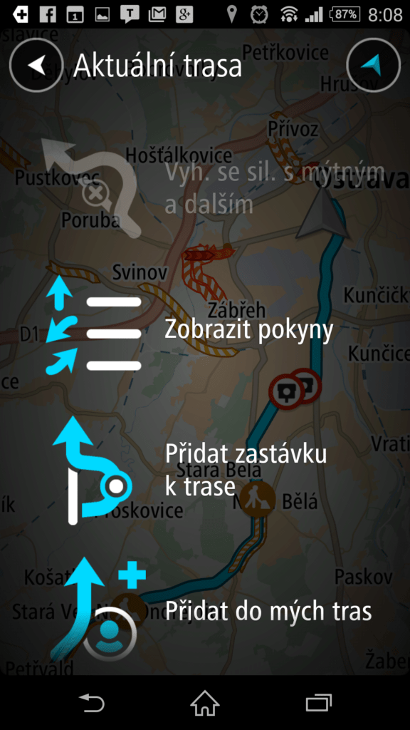 Možnosti trasy během navigace