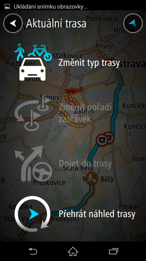 Možnosti trasy během navigace