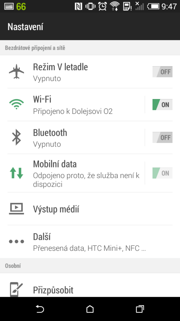 HTC Desire 620 prostředí systému Android 4.4.4 menu nastavení