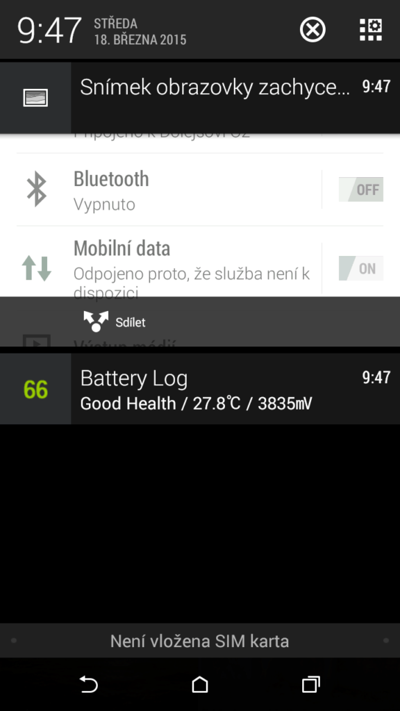 HTC Desire 620 prostředí systému Android 4.4.4 notifikační lišta