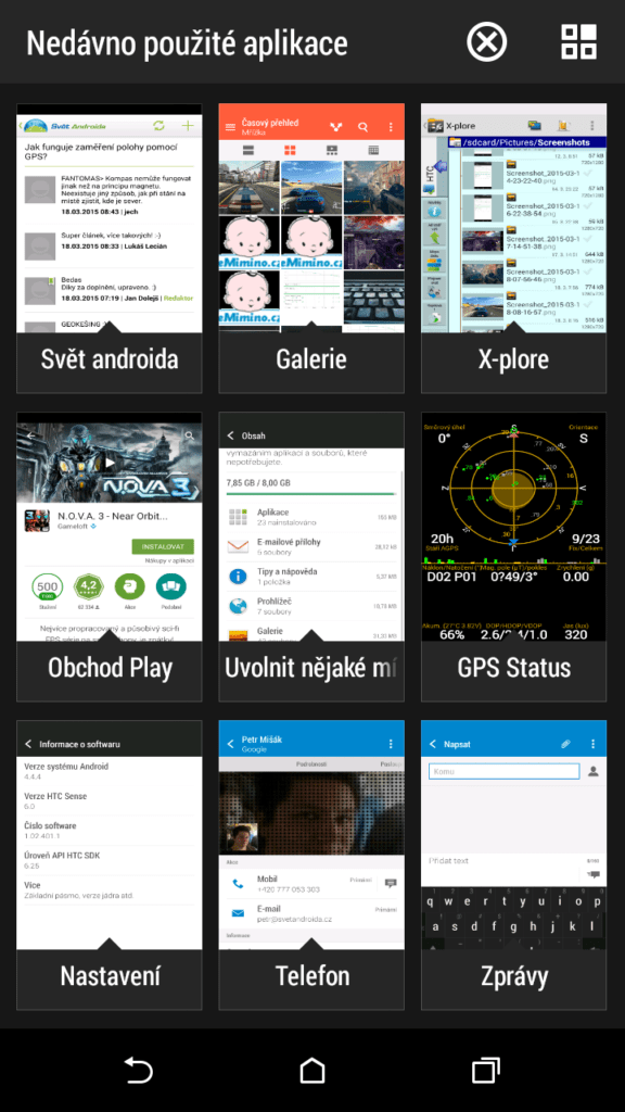HTC Desire 620 prostředí systému Android 4.4.4 přepínání aplikací