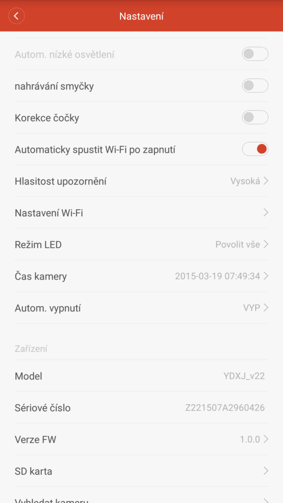 Xiaomi Yi aplikace nastaveni 2