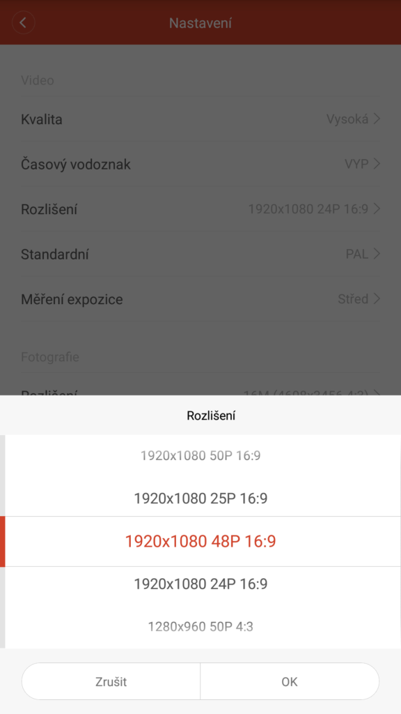Xiaomi Yi aplikace rozliseni videa 2