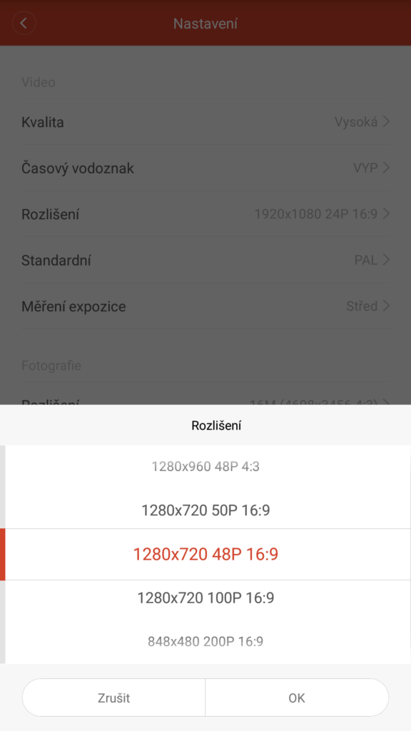 Xiaomi Yi aplikace rozliseni videa