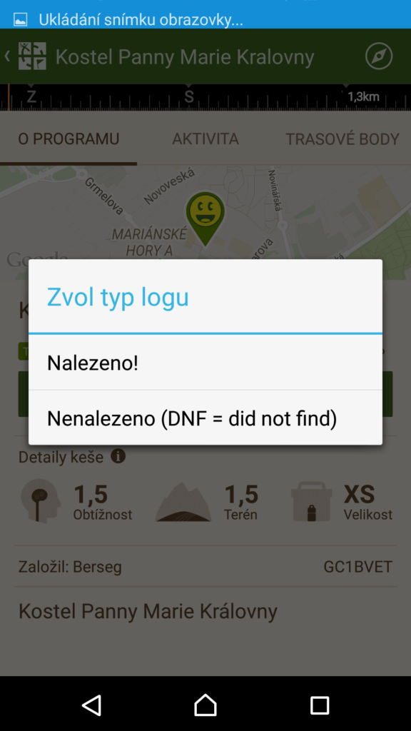 Geocaching Intro - odeslání hlášení