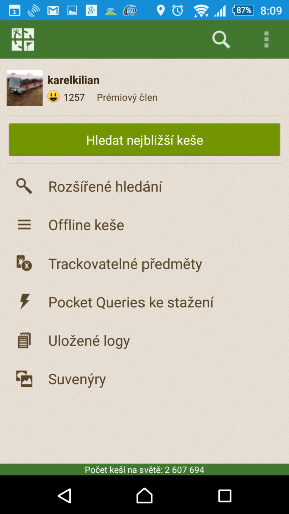Geocaching - hlavní obrazovka