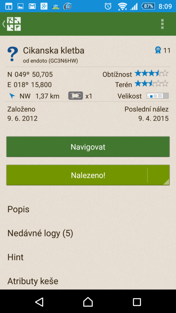 Geocaching - detail keše
