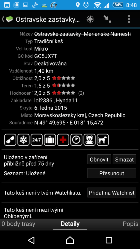 c:geo - podrobnosti keše