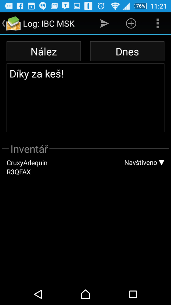 Zalogování keše z aplikace
