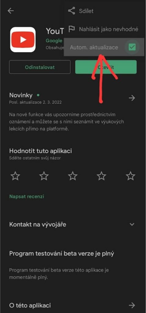 automatické aktualizace aplikací aplikace Obchod Play vypnutí zapnutí 8 přepínač