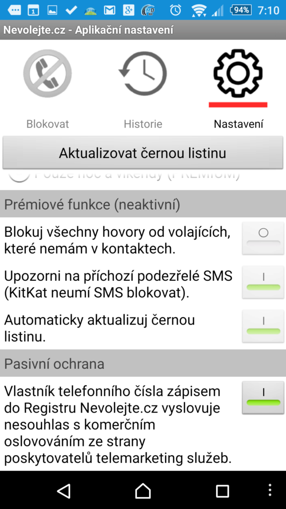 Sekce Nastavení