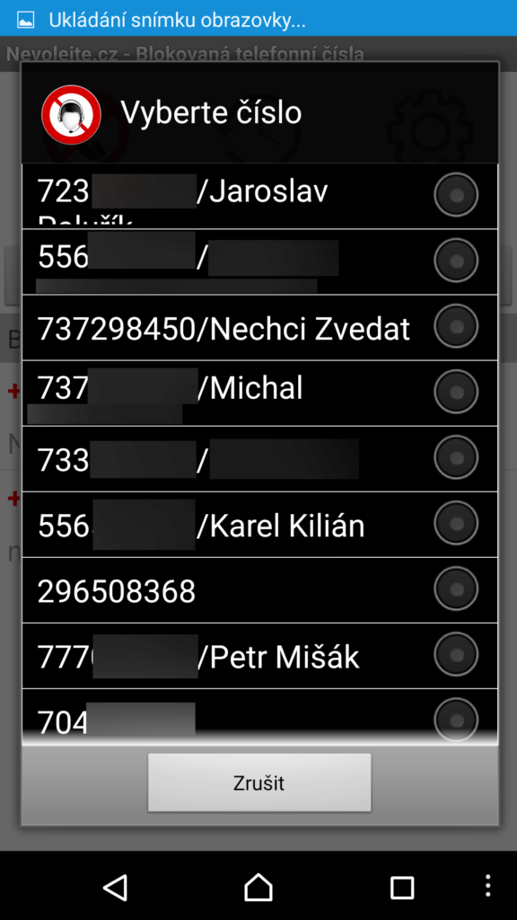 Výběr blokovaného čísla z historie