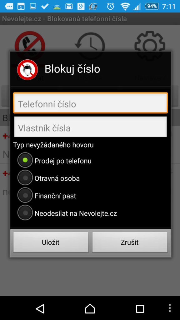 Zadání čísla na černou listinu