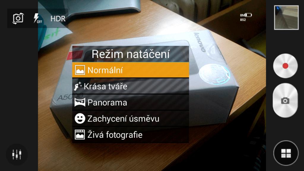 Lenovo A5000 režim natáčení