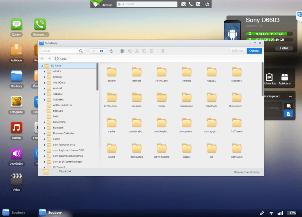 AirDroid v prohlížeči na PC
