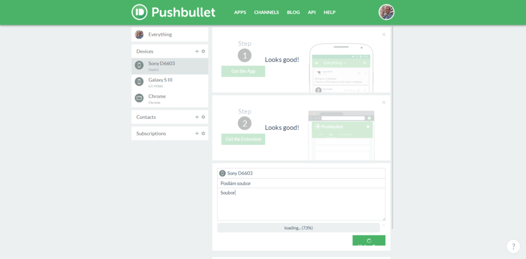 Pushbullet na desktopu v prohlížeči