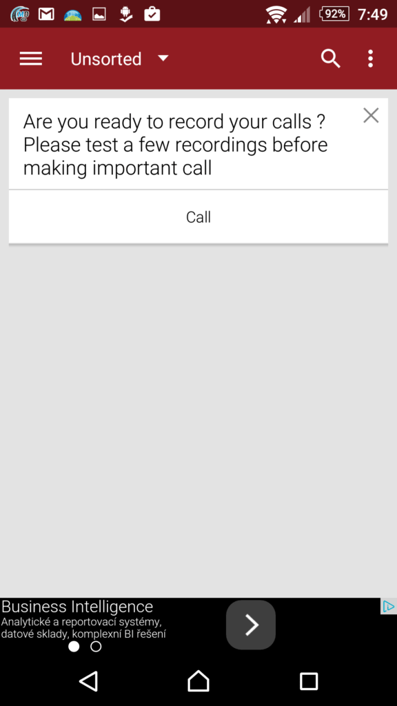 Prostředí aplikace RMC: Android Call Recorder