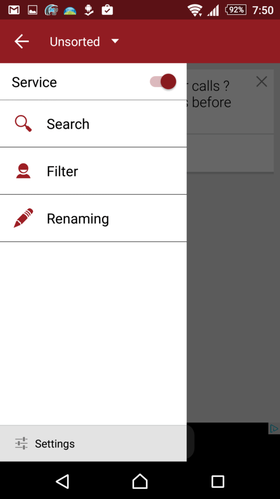 Prostředí aplikace RMC: Android Call Recorder