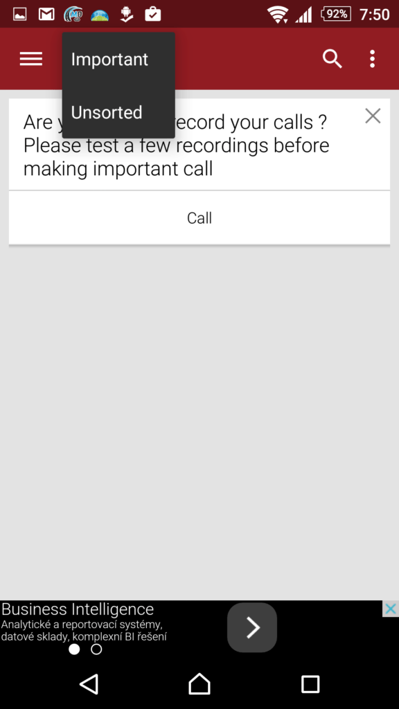 Prostředí aplikace RMC: Android Call Recorder