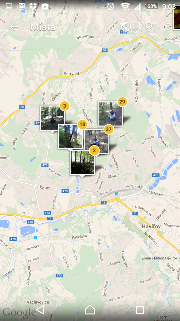 Mapa s místy, kde byly pořízeny fotky