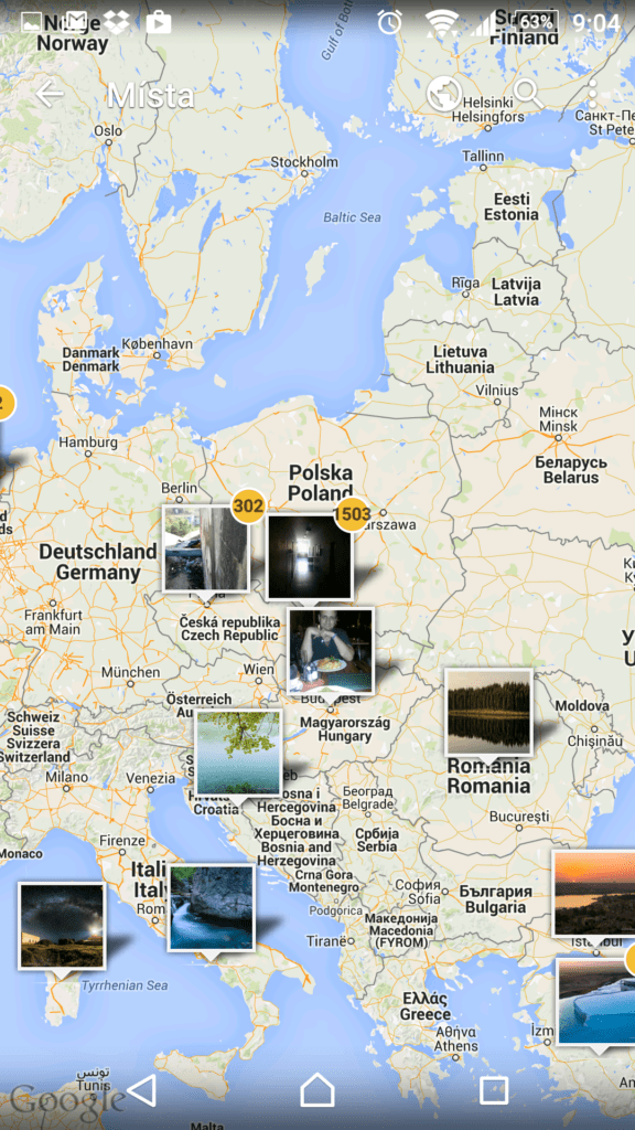 Mapa s místy, kde byly pořízeny fotky