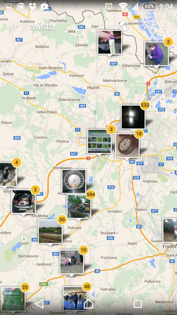 Mapa s místy, kde byly pořízeny fotky