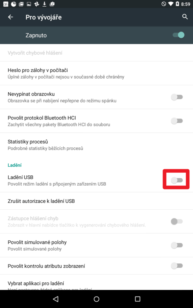 Aktivujte volbu Povolit ladění USB