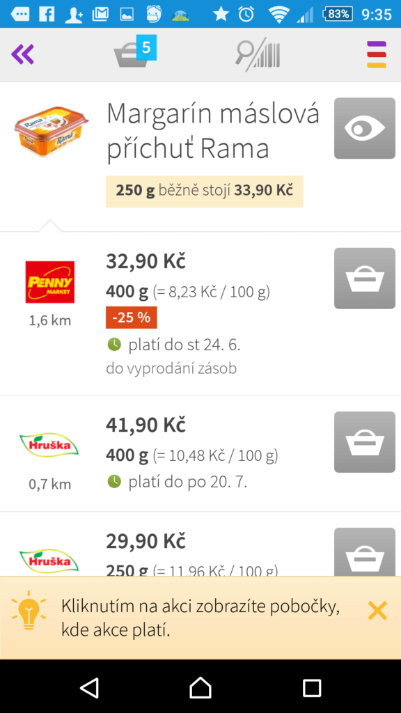 Klepnutím na tlačítko s okem přidáte produkt mezi hlídané