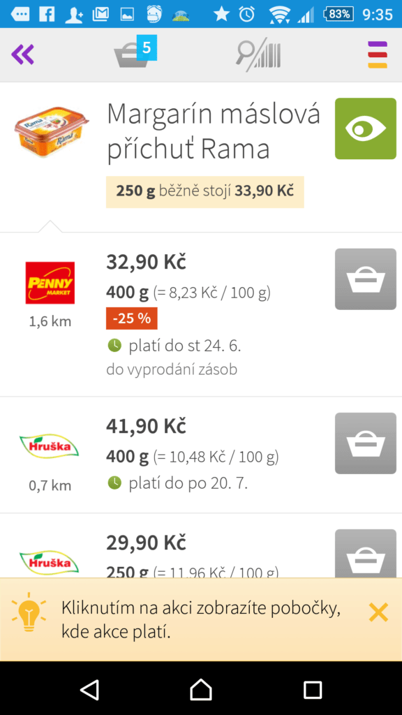 Klepnutím na tlačítko s okem přidáte produkt mezi hlídané