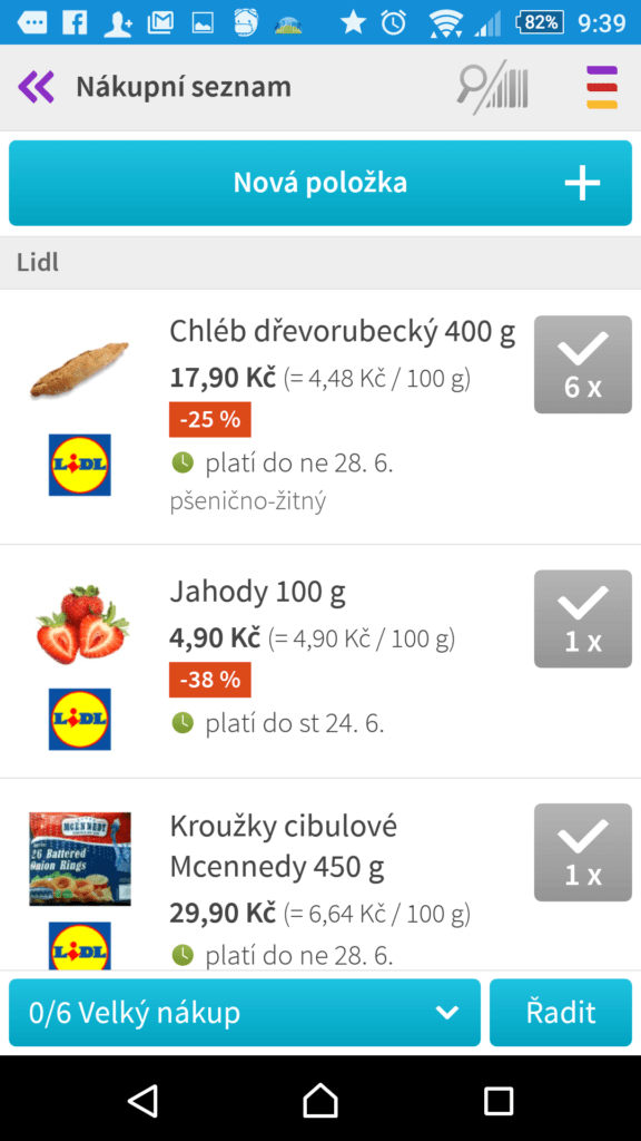 Nákupní seznam v aplikaci