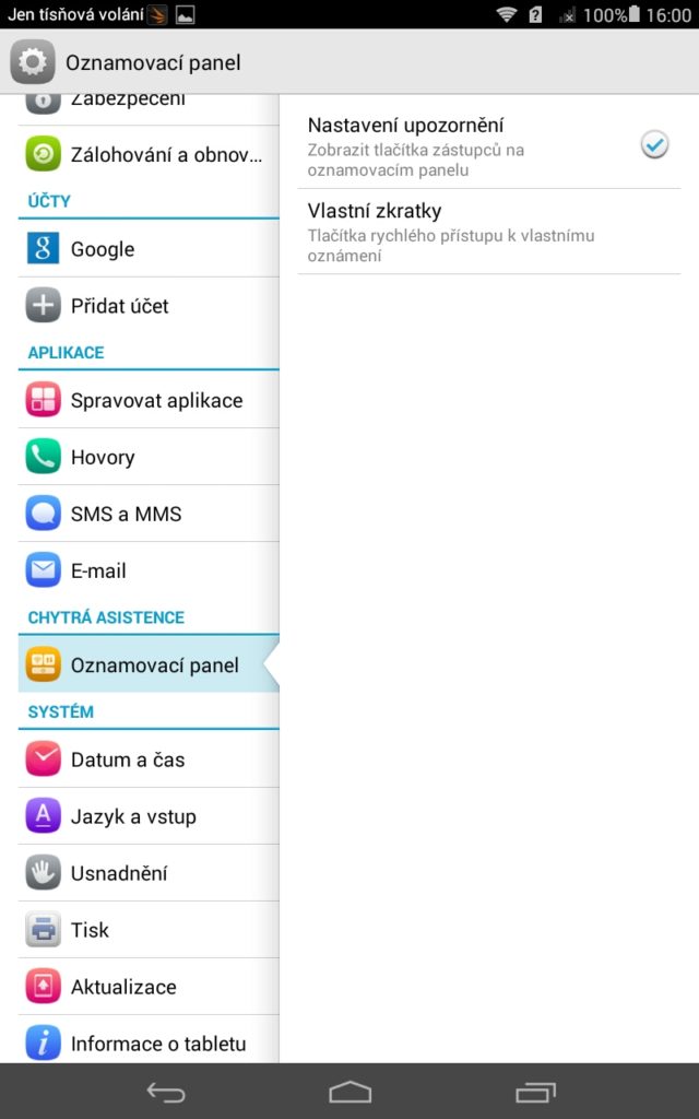 Huawei MediaPad T1 oznamovací panel